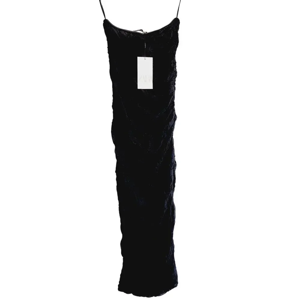 Zara Black Ruched Lace Strapless Midi / Maxi Dress Size Small